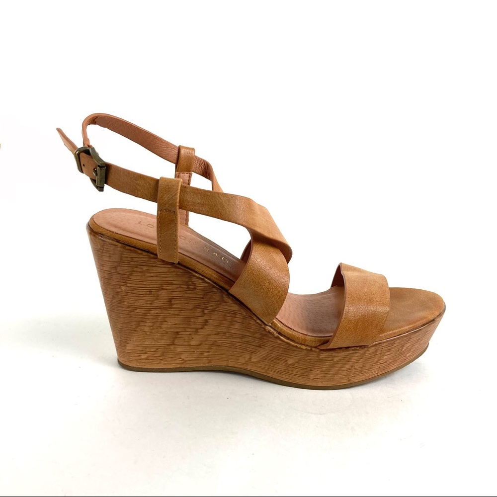 Womens Tan Leather Wedge Sandals - Classic Strappy Platform